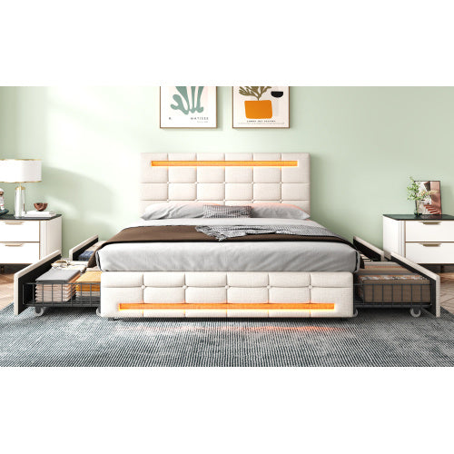 UK Local 4ft6 Double Upholstered Bed With LED Lighting And Storage Drawers, Linen Fabric Storage Bed Frame With Adjustable Button Tufted Headboard, No Box Spring Needed, Easy Assembly, Beige
