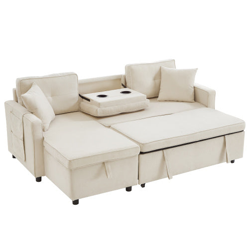 UK Local L-Shaped Pull Out Sleep Sofabed, Modern Reversible Sleeper Sectional Sofa, 3 In 1 Convertible Sofa Bed With Storage Chaise, Drop-Down Table, Cup Holders And Charging Ports