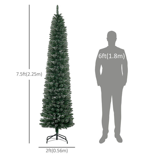 CA Local 7.5 ft Artificial Snow Dipped Christmas Tree Xmas Pencil Tree Holiday Home Indoor Decoration With Foldable Black Stand, Green