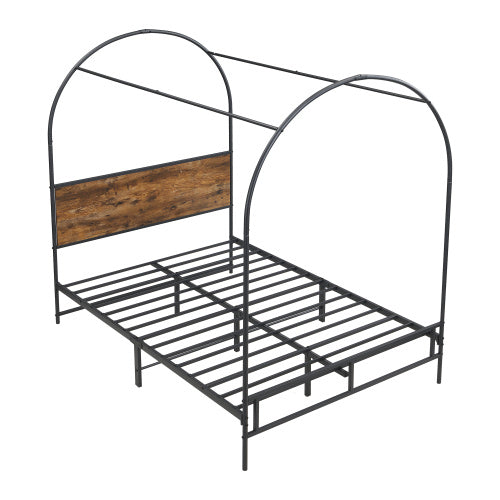 UK Local Metal Bed, 4ft6 Double Bed 135x190cm, Durable And Sturdy, Canopy Twin Bed, Iron Bed For Adults Teenagers, Black Wood Color Bed Frame Only Drape Not Included