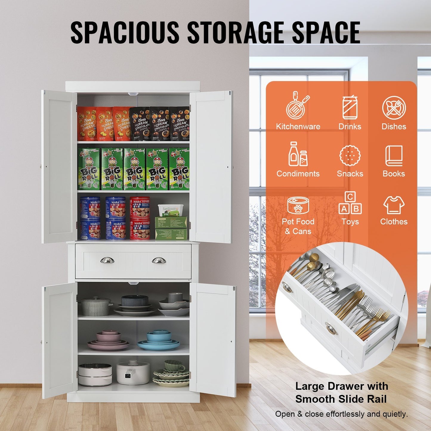 VEVOR Kitchen Pantry Storage Cabinet, Freestanding Utility Cabinets With Doors, Drawer And 3 Adjustable Shelves, Tall Food Buffet Pantries For Kitchen, Living Room, Dinning Room, Laundry, White