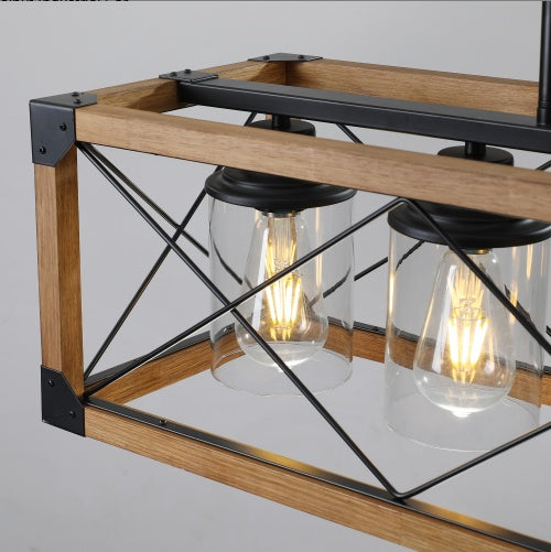 US Local 32 Walnut Industrial Farmhouse Rectangle Pendant Light, 5-Light Chandelier With Lampshades For Dining Room, Kitchen Island, Cafe Decor No Bulbs