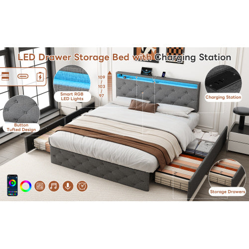 UK Local 4ft6 Double Upholstered Bed With 4 Storage Drawers, LED Drawer Storage Bed With Charging Station, Adjustable Button Tufted Headboard With USB And Type - C Ports, Linen, Grey