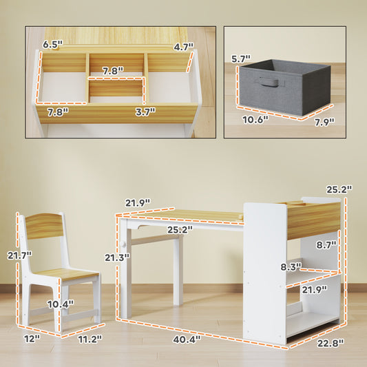 US Local Desk And Chair Set With Paper Roll, Kids Activity Craft Table With Storage Shelves And Drawers, Natural Wood