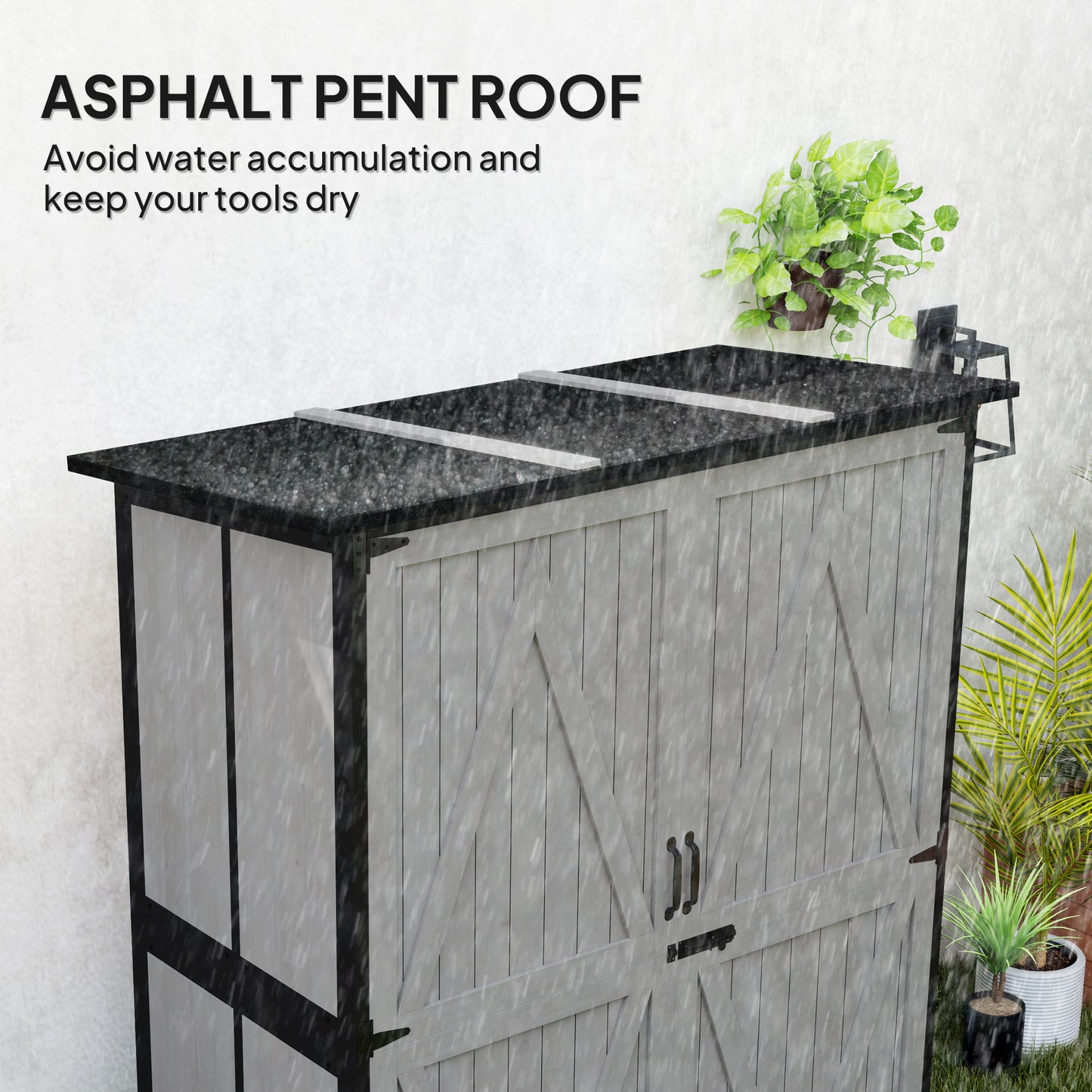 US Local Wood Storage Shed, Outdoor Garden Shed With Asphalt Roof, 2 Shelves, Lockable Doors And Adjustable Feet, Gray