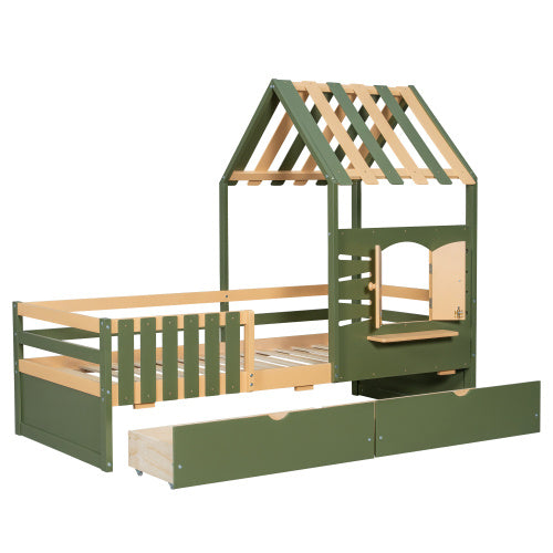 UK Local Wooden Bed, Children S Bed, 3ft Single Bed 90x190cm, MDF Pinewood Plywood, Two Storage Drawers, Roof Shape With A Window, Green Natural