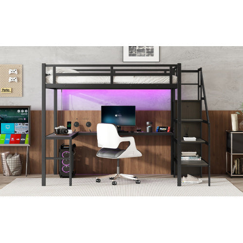US Local Metal Loft Bed With Wardrobe And Adjustable Shelves