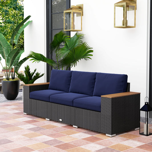 US Local 3-Seat Outdoor Patio Sofa With Cushions, PE Rattan Wicker Sofa With Wide Armrests, Outdoor Wicker Couch, Navy Blue