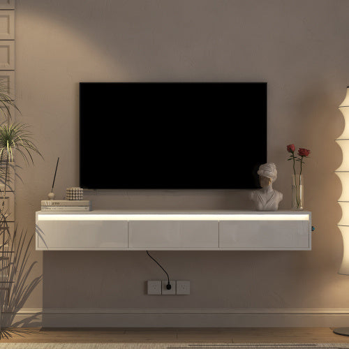 US Local Floating TV Stand, Wall Mounted TV Shelf With Led Lights & Power Outlet,High Gloss TV Cabinet For Tv Stands For Living Room