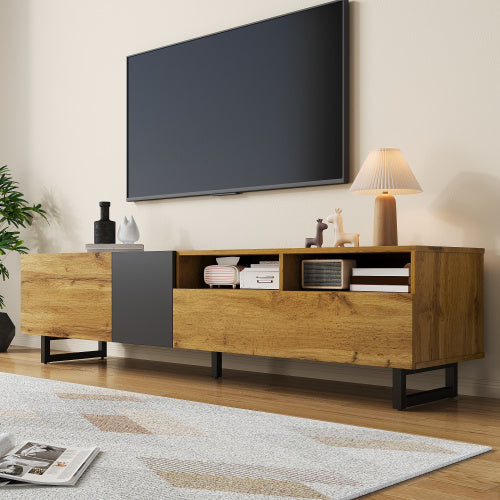 UK Local Colorblock TV Cabinet, Simple Contrasting Color Design, Three Doors And Two Compartments, U-Shaped Metal Legs, Retro Wood Grain