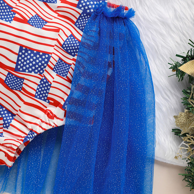 US Local Baby's Independence Day Style Flag Pattern Triangle Bodysuit, Casual Sleeveless Bowknot Romper