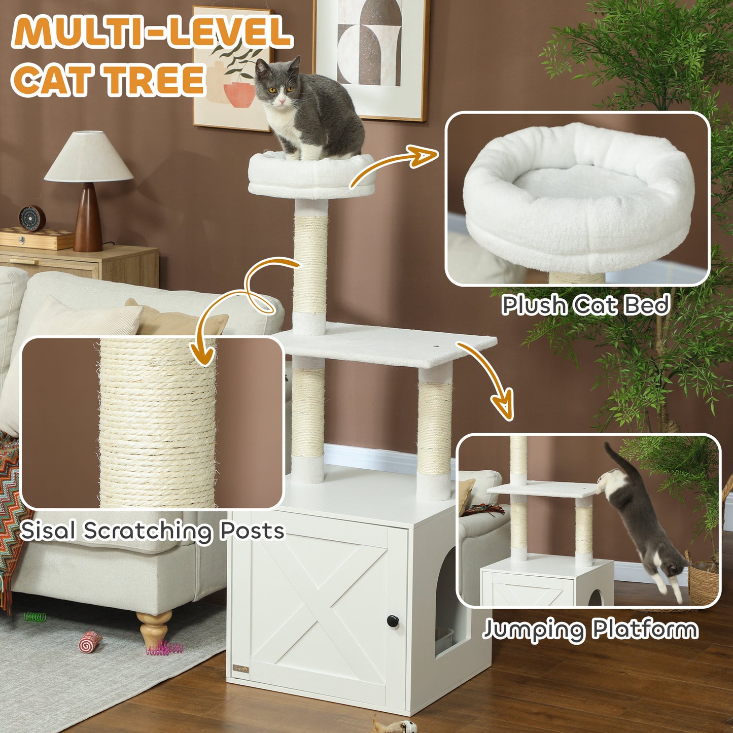 US Local Cat Tree With Litter Box Enclosure, Scratching Posts, Bed, Climbing Platforms For Indoor Cats, White