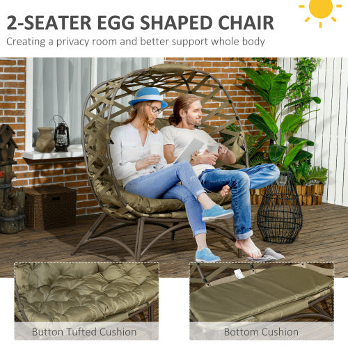 UK Local Outsunny 2 Seater Egg Chair Outdoor, Folding Weave Garden Furniture Chair With Cushion, Cup Pockets - Khaki