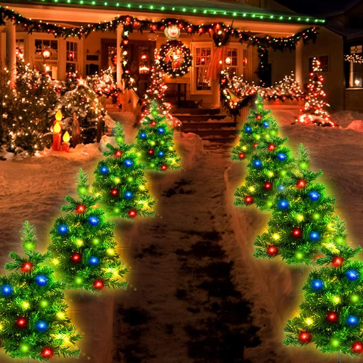 US Local 2SET 1 TOW 2 Solar Christmas Tree, Solar Powered Pathway Christmas Tree With Multicolored LED Lights