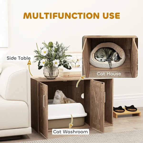 US Local Cat Litter Box Enclosure With Scratching Board, Cat Washroom End Side Table, 31.5 X 19 X 20 Inch, Walnut Brown