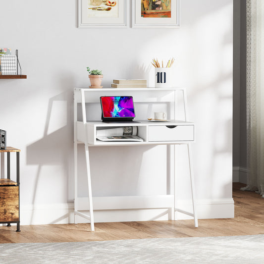 US Local Home Office Desk, Computer Desk For Small Spaces, Study Table With Drawer And Storage Shelves, White