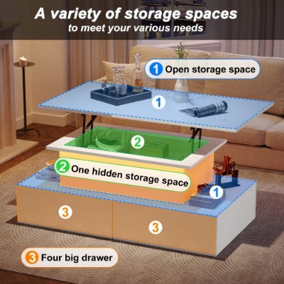 UK Local LED High Gloss Coffee Table With 4 Drawers, Lift Top Coffee Table, Wood Lifting Table Tea With Storage,Rectangular Coffee Table With Storage, 90 X 55 X 42.5 Cm, White