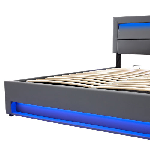 UK Local Upholstered Bed 135 X 190 Cm,Double Bed-4ft6,with USB Port Supports Wireless And Wired Charging, With LED Lighting And Storage Space, Without Mattress, PU-Lychee Design, Gray