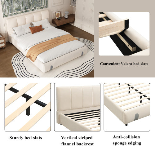 UK Local Upholstered Bed, For Adults And Teenagers, 4ft6 Double Bed 135x190cm, Durable And Sturdy, Soft Headboard, MDF Velvet Plywood, White