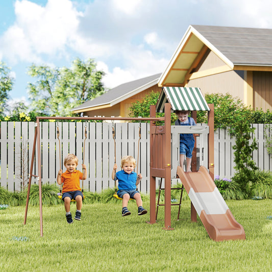 US Local Kids Swing Set With 6 FT Slide, 2 Adjustable Swings, Fort With Canopy, Ladder, Ground Stakes For Ages 3-8, Brown