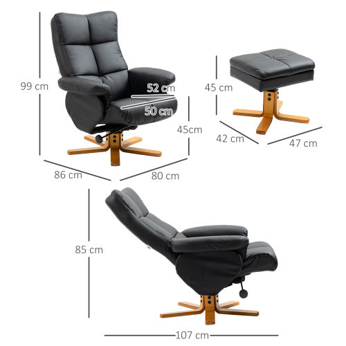UK Local HOMCOM Recliner Armchair, Swivel Reclining Chair With Ottoman, Swivel Faux Leather Chair With Wooden Base And Storage Footstool For Living Room, Black