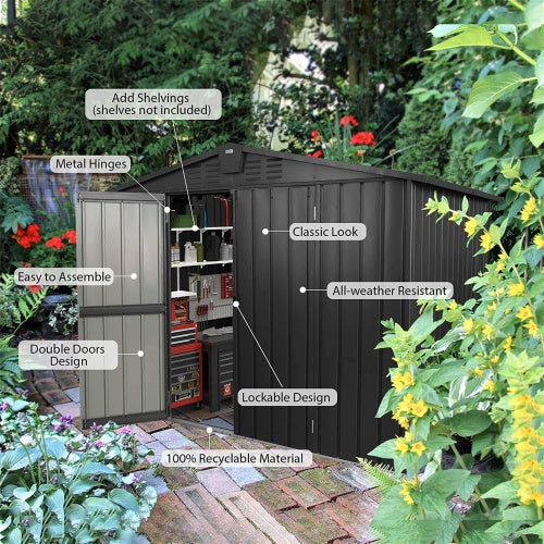US Local Outdoor Storage Shed 8.2'x 6.2', Metal Garden Shed For Bike, Trash Can, Galvanized Steel Outdoor Storage Cabinet With Lockable Door For Backyard, Patio, Lawn 8.2x6.2ft, Dark Gray