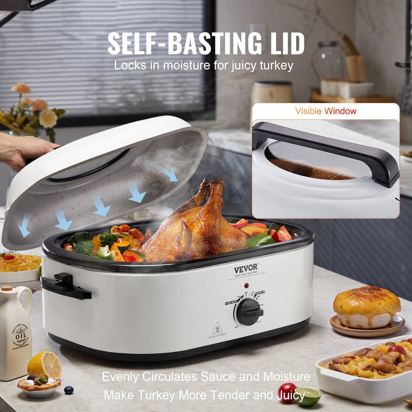 US Local Electric Roaster Oven, 22 QT Turkey Roaster Oven With Self-Basting Lid, 1450W Roaster Oven With Defrost & Warm Function, Adjustable Temp, Removable Pan & Rack, Fits Turkeys Up To 26LBS, White