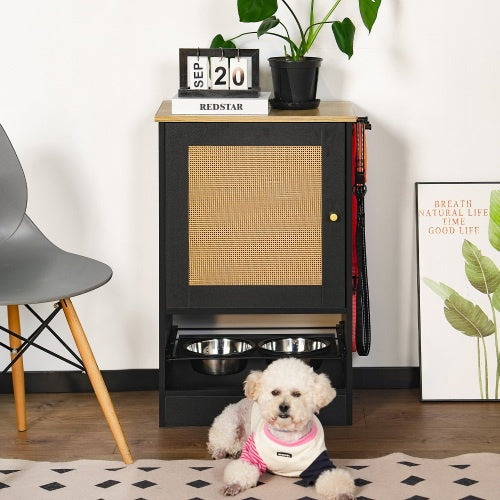 US Local Feeding Station With 1 Storage Cabinets, Pet Feeding Station With 2 Elevated Dog Bowls, Side Hooks, Anti-tip Kit, Hidden Pet Feeder Station For Feeding Watering, Black