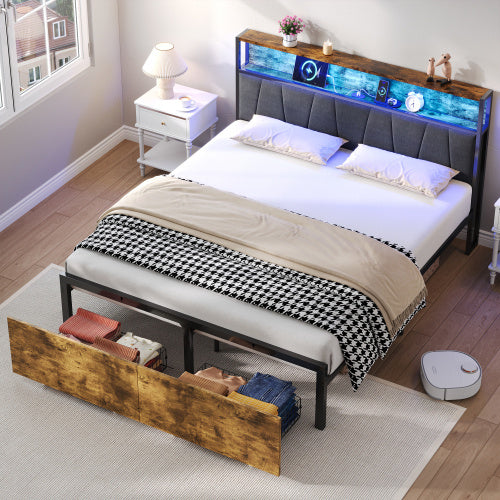 UK Local 4ft6 Double Bed Frame With 2 Storage Drawers, RGB LED Storage Headboard With Charging Station, Metal Platform Bed Frame, No Box Spring Needed, Easy Assembly, Black Walnut No Mattress