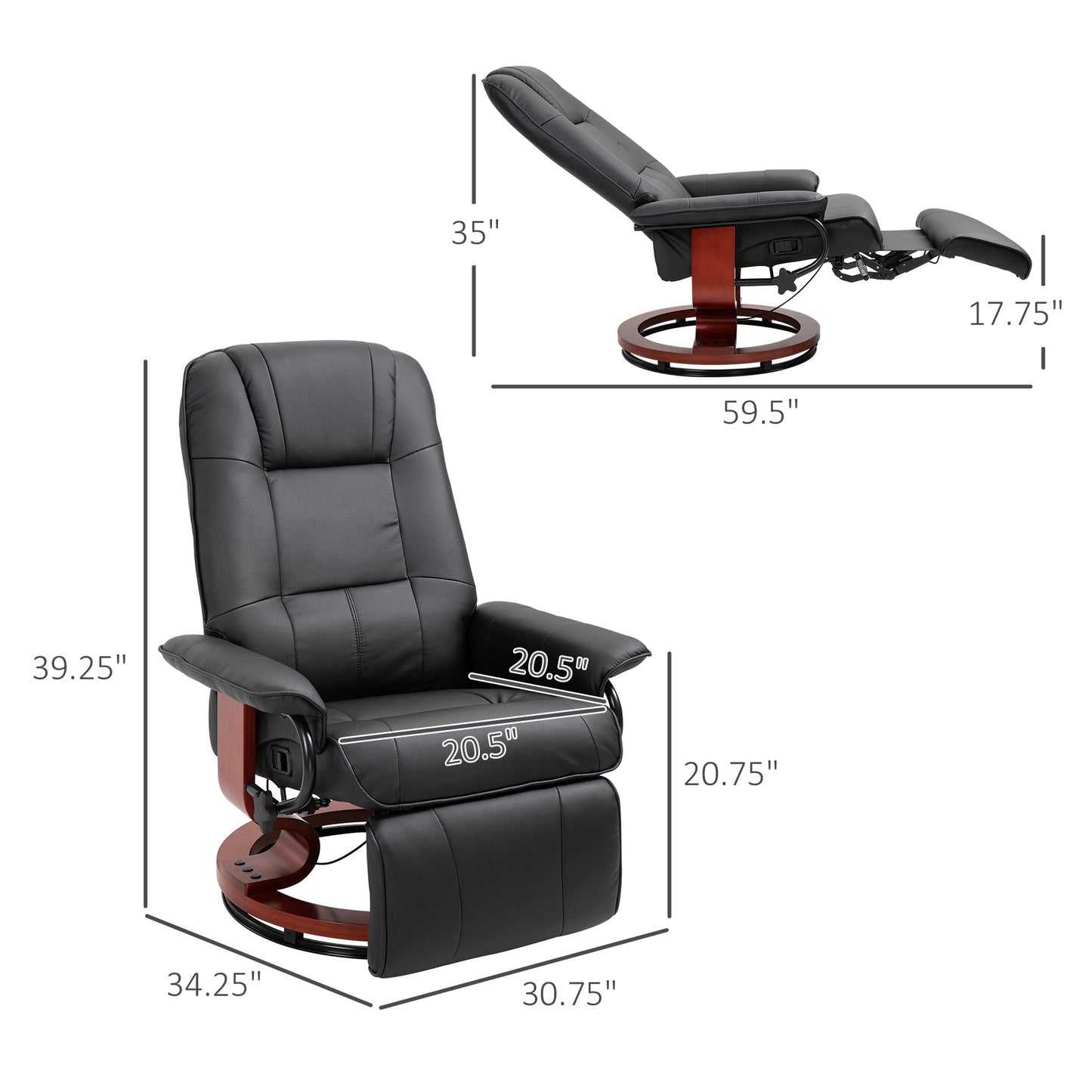 US Local Living Room Relaxation Black Faux Leather Swivel Recliner With Adjustable Footrest