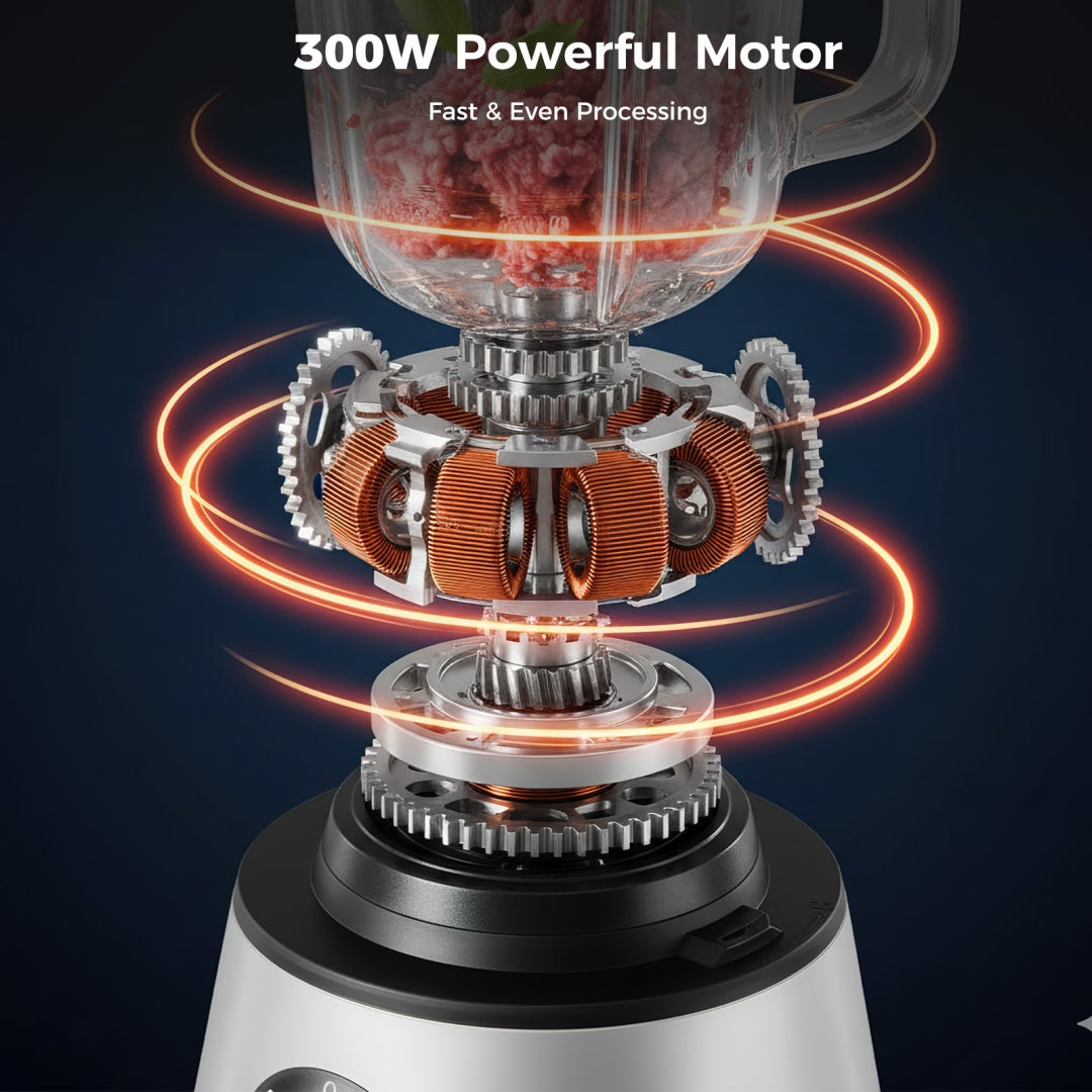 US Local 300W Food Processor With Blender & Dough Tool, 2 Speeds, Sharp Blades, Safety Lock -1.5L Glass Jar