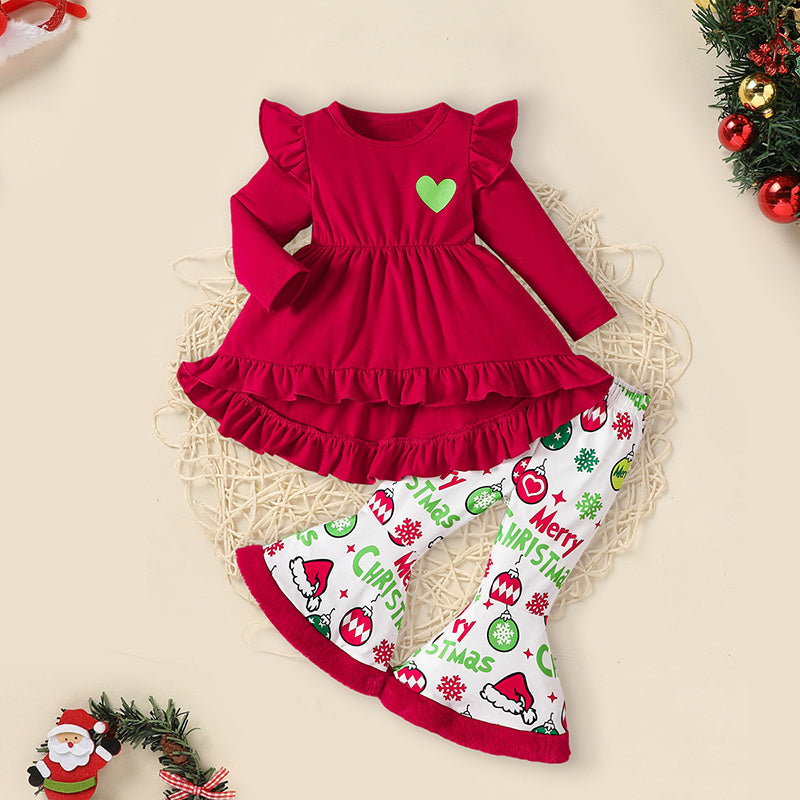 US Local Toddler Baby Girls Christmas Clothes Ruffle Long Sleeve Heart Print Tops Dress Christmas Ball Print Flared Pants With Headband Outfits Set