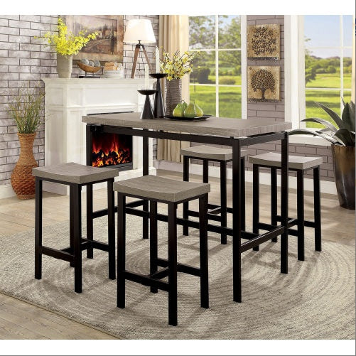 USA Local 5 Pc Counter Height Table Set Two Tone Design Black Gray Dining Chairs Sturdy Metal Construction PVC Plastic Top Dining Room Furniture