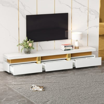 UK Local Luxury TV Stand With Faux Marble Top, TV Cabinet Golden Panel Design, And 3 Drawers For Televisions Up To 89'', Rectangle Media Console, Practical Entertainment Center For Living Room, White