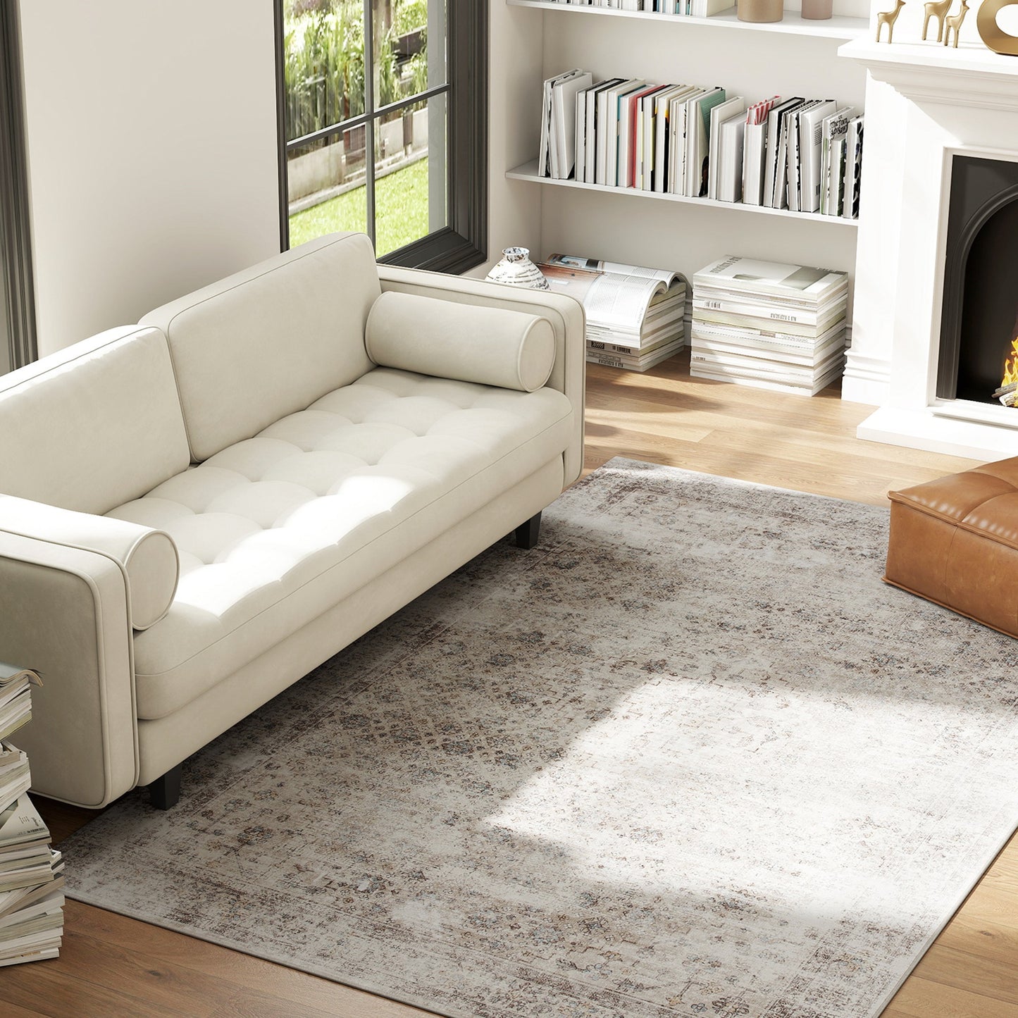 US Local Machine Washable Area Rug 5x7, Non-Slip Traditional Floor Carpet For Living Room, Bedroom, Light Mixed-Brown