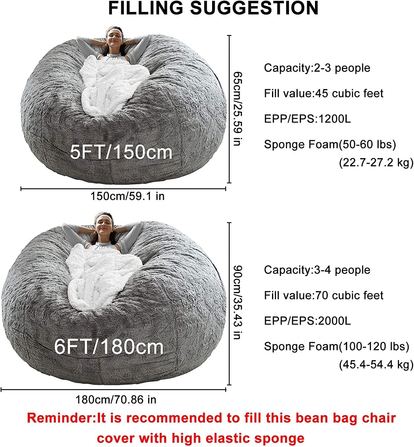 USA Local Bag Chair Coverit Was Only A Cover, Not A Full Bean BagChair Cushion, Big Round Soft Fluffy PV Velvet Sofa Bed Cover, Living Room Furniture, Lazy Sofa Bed Cover,6ft Dark Grey