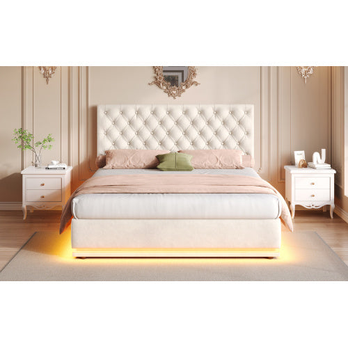 UK Local Double Ottoman Bed With LED Lighting, Velvet Upholstered Bed With Hydraulic Storage, 4ft6 Double Bed Frame With Handmade Button Tufted Adjustable Headboard, No Box Spring Needed, Beige No Mattress