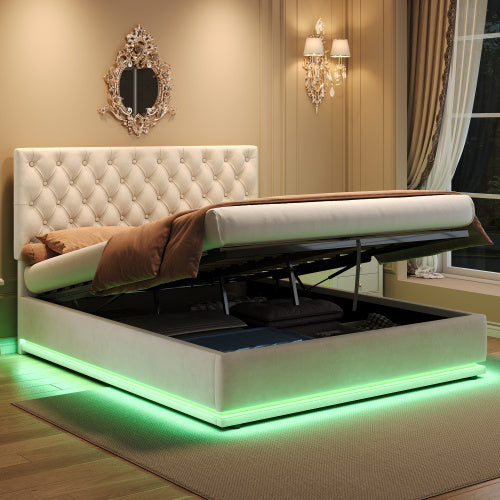 UK Local Double Ottoman Bed With LED Lighting, Velvet Upholstered Bed With Hydraulic Storage, 4ft6 Double Bed Frame With Handmade Button Tufted Adjustable Headboard, No Box Spring Needed, Beige No Mattress