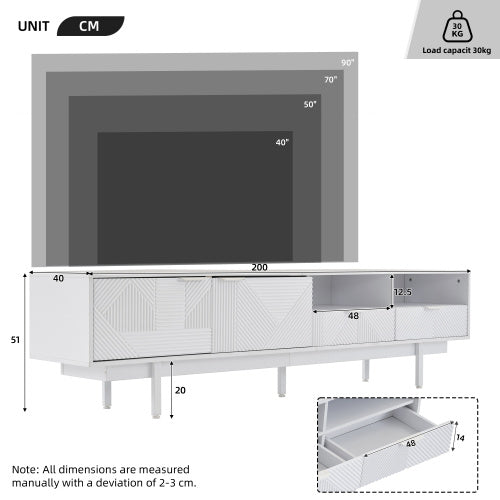 UK Local Modern Bohemian TV Cabinet, White Geometric Lines TV Stand, TV Entertainment Center With Storage Space, 200X40X51 Cm, Modern TV Stand For 90 Inch TVs, Console Media Cabinet For Living Room