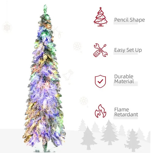 US Local HOMCOM 6ft Tall Prelit Pencil Artificial Christmas Tree Holiday Decor With 407 Snow Flocked Branches, 250 Warm White Or Colorful LED Lights, Downswept Shape