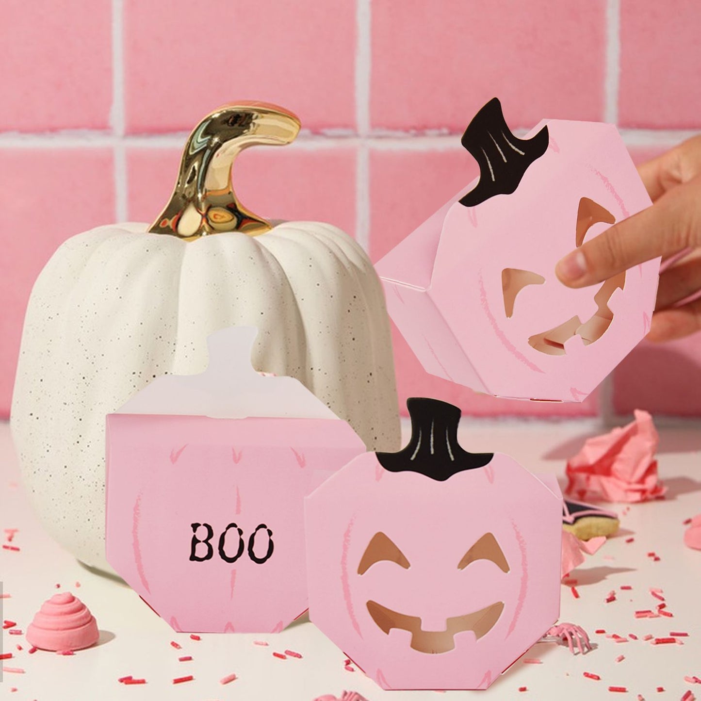 10Pcs Halloween Pink Pumpkin Gift Boxes Unique Candy Boxes With Hollow Scary Smiley Face Window Trick Or Treat Candy Goodie Bags For Halloween Birthday Party Haunted House Table Decoration