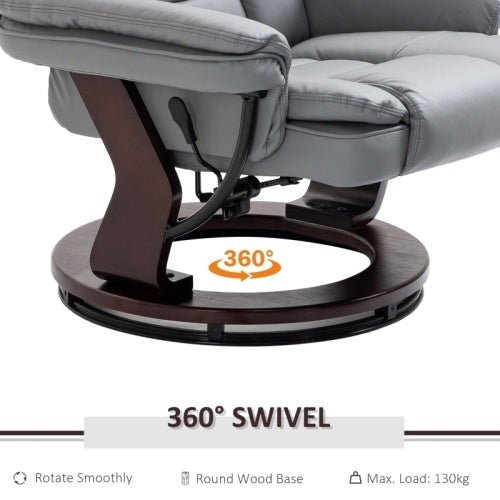 UK Local HOMCOM Recliner Chair With Footstool, Recliner Armchair Up To 130kg Weight Capacity, 135 Reclining Swivel Sofa Chair, PU Leather Ergonomic Couch Bed With Swivel Wood Base For Living Room, Grey