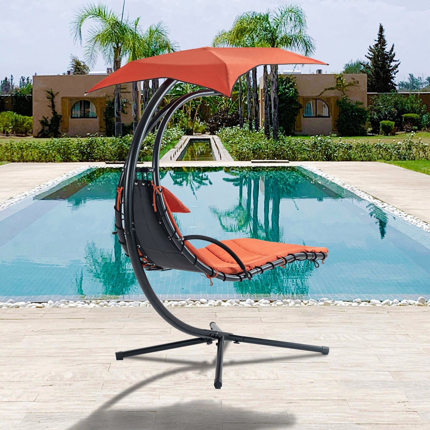 US Local Hanging Chaise Lounger With Removable Canopy, Outdoor Swing Chair With Built-in Pillow, Hanging Curv
