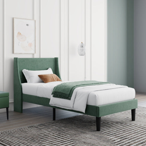 UK Local Single Bed Velvet Dark Green 3FT Upholstered Bed With Winged Headboard, Wood Slat Support