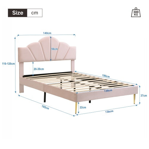 UK Local Velvet Upholstered Bed,Double Bed 4ft6 135x190cm, Shell-like Bed With Golden Iron Legs, Height Adjustable Headboard, Wooden Slatted Frame,