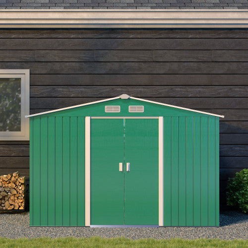 UK Local Outsunny 9 X 6ft Metal Garden Shed, Outdoor Storage Tool House With Ventilation Slots, Foundation Kit And Lockable Double Doors, Green