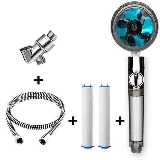 US Local Propeller Driven Shower Head With Stop Button And Cotton Filter Turbocharged High Pressure Handheld Shower Nozzle