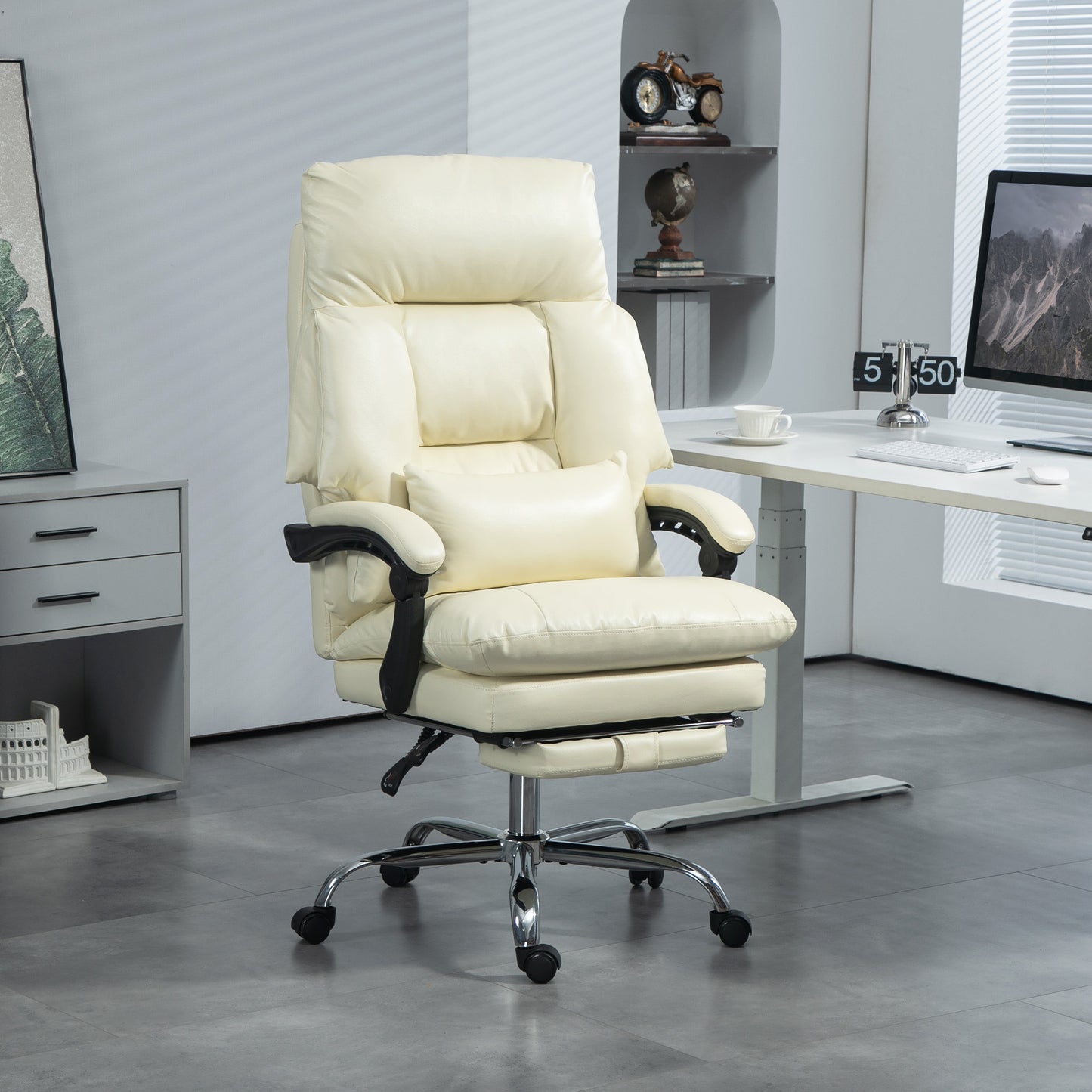 US Local Overstuffed Office Chair, High Back Desk Chair With Foot Rest, Reclining PU Leather Computer Chair, Cream White