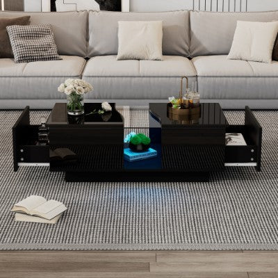 UK Local Led Coffee Table With 2 Drawer Storage, High Gloss Coffee Table For Living Room Unique Shape Centre Table With 16-Color Led Lights,End Table For Home Office Furniture, Black