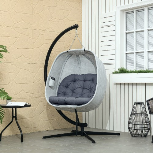 UK Local Outsunny Hanging Egg Chair Outdoor Indoor Garden Swing Chair With Folding Basket, Garden Hanging Chair With Stand, Thickened Cushion, Cup Holder For Patio, Balcony